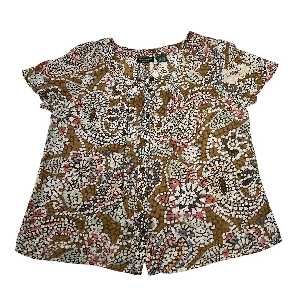 Lemon Grass Studio Square Neck Button Up Shirt Size XL Floral/Geometric Print